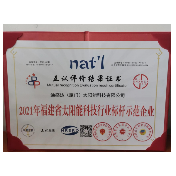 2021 Fujian Province Solar Energy Technology Industry Benchmark Demonstration Enterprise